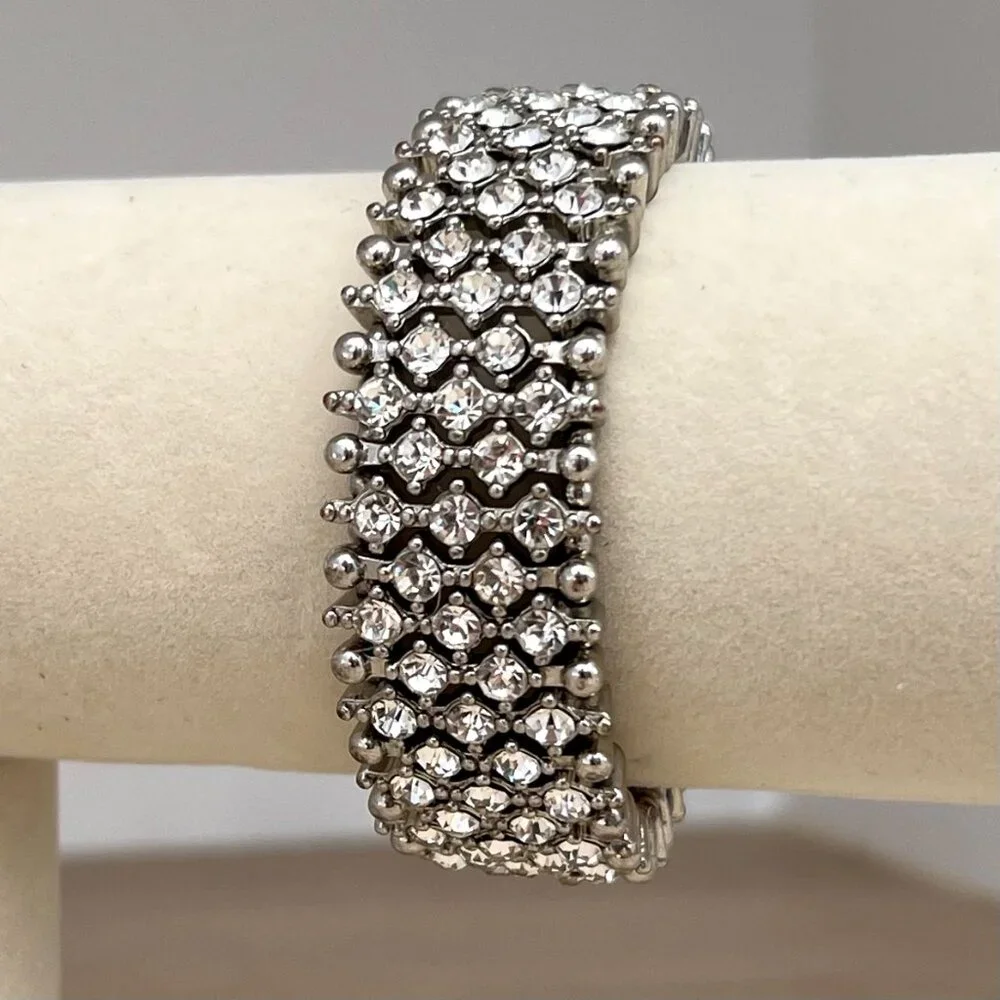 Vintage White Rhinestone Silver-tone Metal  1" Wide Stretch Bracelet / Showgirl - Picture 8 of 14